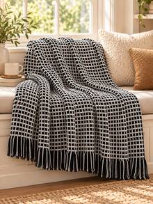 1pc American Vintage Plaid Tassel Throw Blanket, B&B Style Living Room Sofa Decor Photo Prop Blanket - Waffle Black and White - View 4