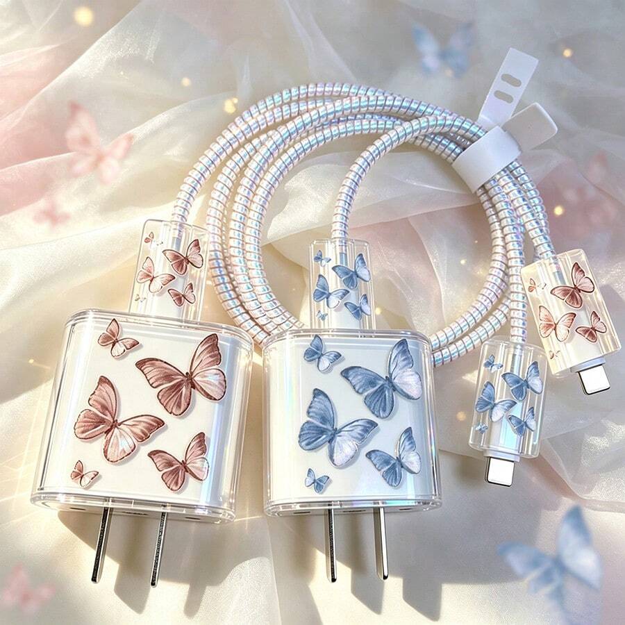Juego de cargador y protector de cable estilo mariposa, carcasa protectora duradera para cable de carga Apple 18-20W, organizador de cable anti-rotura - Multicolor - Ver 1