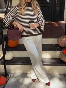 Women's Autumn New Color Block Striped Turtleneck Knit Sweater, Casual, College Style, Commuting - Dark Coffee - View 7
