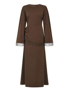 Women's Minimalist Elegant Tassel Detail Waist-Cinched Dress - Brown - View 4