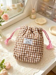 1pc Heart Quilted Drawstring Pouch Grid Print Cosmetic Bag Portable Travel Storage Bag For Makeup Jewelry Accessories & Earbuds Multi-Use Sundries Bag - Multicolor - View 10