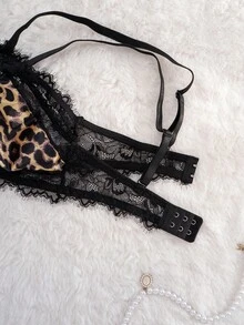 1pc Women's Lace Patchwork Leopard Print Comfortable Lingerie - Black - View 6