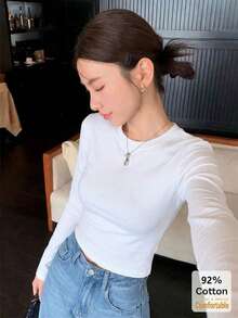 92% Cotton White Long Sleeve T-Shirt Women Versatile Crop Top Sexy Stylish Beautiful Inner Layer Base Layer - White - View 2