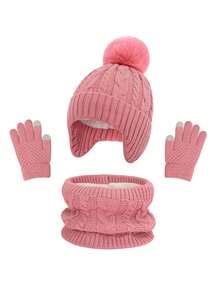 3pcs Kids Hat, Gloves And Scarf Set, Cable Knit Woolen Hat With Pom Pom, Warm Ear Protection For Boys And Girls, Autumn/Winter Warm Set - 3pcs - View 1