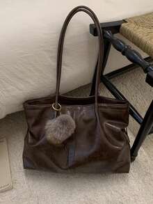 Tote Bag With Pom Pom Charm Decoration, Long Handle With Vertical Stitching Design, Vintage Maillard Style Tote Bag, Large Capacity Soft Draping Storage, Versatile Women's Shoulder Bag For Daily Commute And Travel - Coffee - View 6