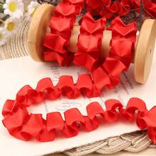 5 Yards 2.5cm Satin Pleated Ruffle Lace, Red Lotus Leaf Pleated Ribbon, Handmade DIY Lolita Headpiece Doll Dress Clothing Accessories Decorative Trim, Home Fabric Decoration Lace Trim - Red - View 1