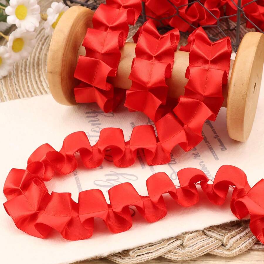 5 Yards 2.5cm Satin Pleated Ruffle Lace, Red Lotus Leaf Pleated Ribbon, Handmade DIY Lolita Headpiece Doll Dress Clothing Accessories Decorative Trim, Home Fabric Decoration Lace Trim - Red - View 1