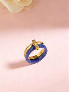 1pc 18K Gold Plated Exquisite Stainless Steel Ceramic Cubic Zirconia Ring, Women's Jewelry, Wedding Party Date Gift - Blue and Gold - View 2