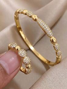 2Pcs Beaded Pave Zirconia Gold-Plated Bangle Ring Set For Women, Minimalist Round Bead Bracelet & Open Ring, Daily Wear Casual Outfit Jewelry Gift - Multicolor - View 1