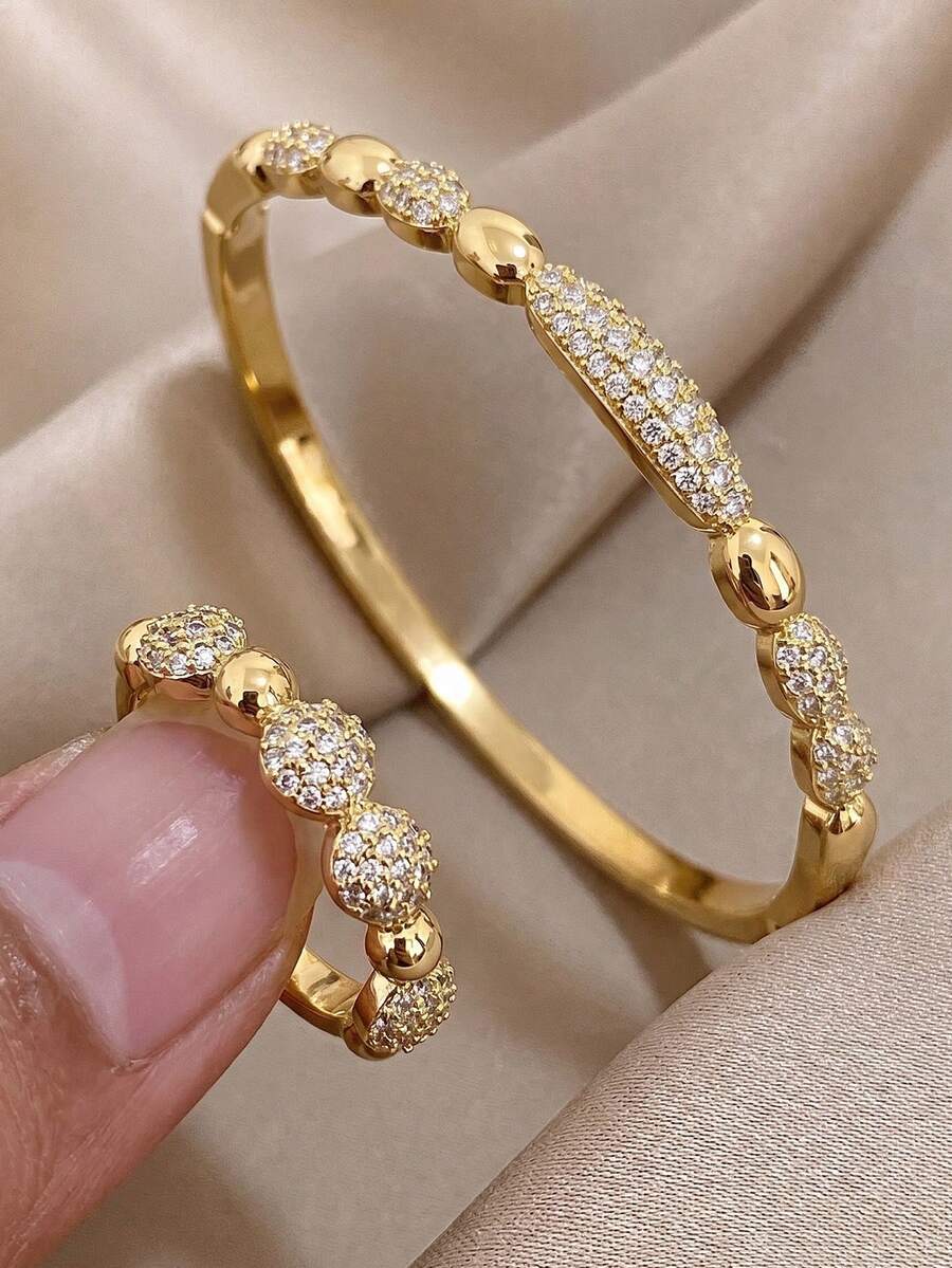 2Pcs Beaded Pave Zirconia Gold-Plated Bangle Ring Set For Women, Minimalist Round Bead Bracelet & Open Ring, Daily Wear Casual Outfit Jewelry Gift - Multicolor - View 1