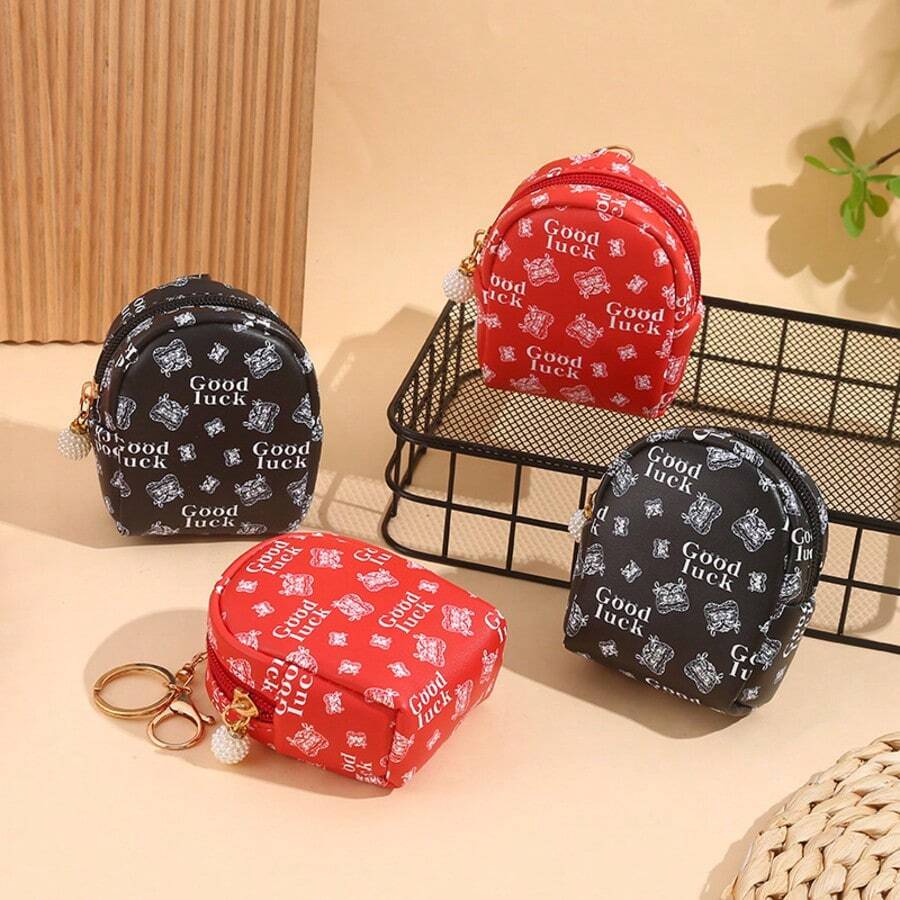 Red Lion Dance Pattern Mini Backpack Pendant Good Luck Print PU Coin Purse Keychain Earphone Data Cable Storage Small Bag - Multicolor - View 1