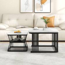 Nest Of 2 Tables  Square Coffee Table Coffee Table Set Nesting Sofa Table Multi-Functional End Side Table Nesting Tables With Black Metal Frame And Marble Pattern White Top Living Room Home - White Marble + MDF+Steel - View 3