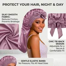Awegeo 3Pcs Long Satin Sleep Bonnet With Bow Tie Band, Silky Night Hair Cap For Long Braids Curly Hair - Multicolor - View 2