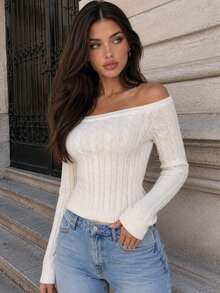 Yuwenier Elegant Casual Cold Shoulder Cable Knit Top, Long Sleeve Slim Fit Ribbed Hem Sweater, Autumn/Winter Commute Daily Wear - Beige - View 6