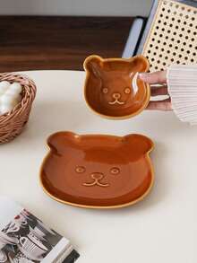 1pc Cute Bear Ceramic Condiment Dish, Multi-Compartment Breakfast Plate, Vintage Bear Double-Compartment Dish, Suitable For Home Decor Tableware, Breakfast Plate, Salad Plate, French Fries Plate, Dipping Sauce Dish, Flavor Dish, Gift, Holiday Decoration - Multicolor - View 4