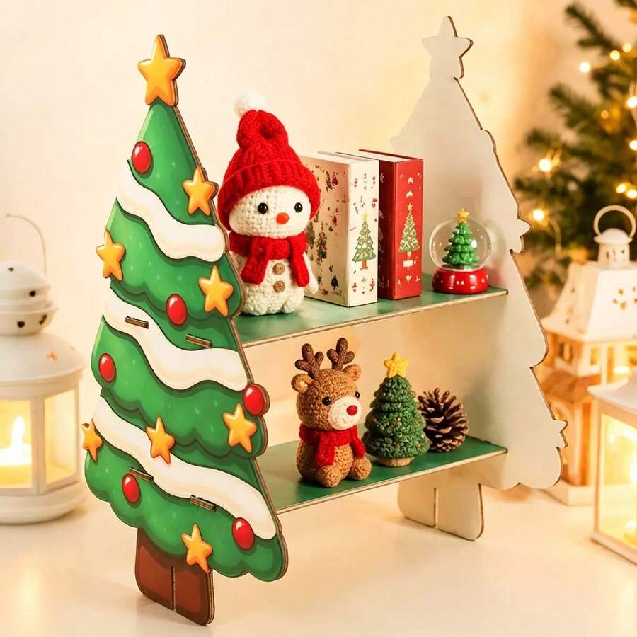 Creative Christmas Tree Shaped Wooden Double-Layer Storage Rack, Easy Assembly, Sturdy And Durable. Double-Layer Shelf Can Hold Dolls, Small Ornaments, Candies And Various Small Items, Combining Storage And Holiday Decoration Functions, Suitable For Desktops, Display Windows, Party Scenes, Creating A Strong Christmas Atmosphere. - Multicolor - View 1