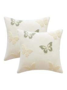 Homemorelove 2件組 3D多色蝴蝶刺繡枕套，隱藏式拉鍊，280GSM天鵝絨布料刺繡靠墊套，適用於沙發、臥室、客廳居家裝飾，不含枕芯 - 米白色 - 查看 5