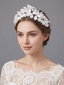 Bridal Hair Accessory White Satin Petal Baby's Breath Crystal Bead Ethereal Full Wedding Floral Crown With Hair Comb - Silver - View 3