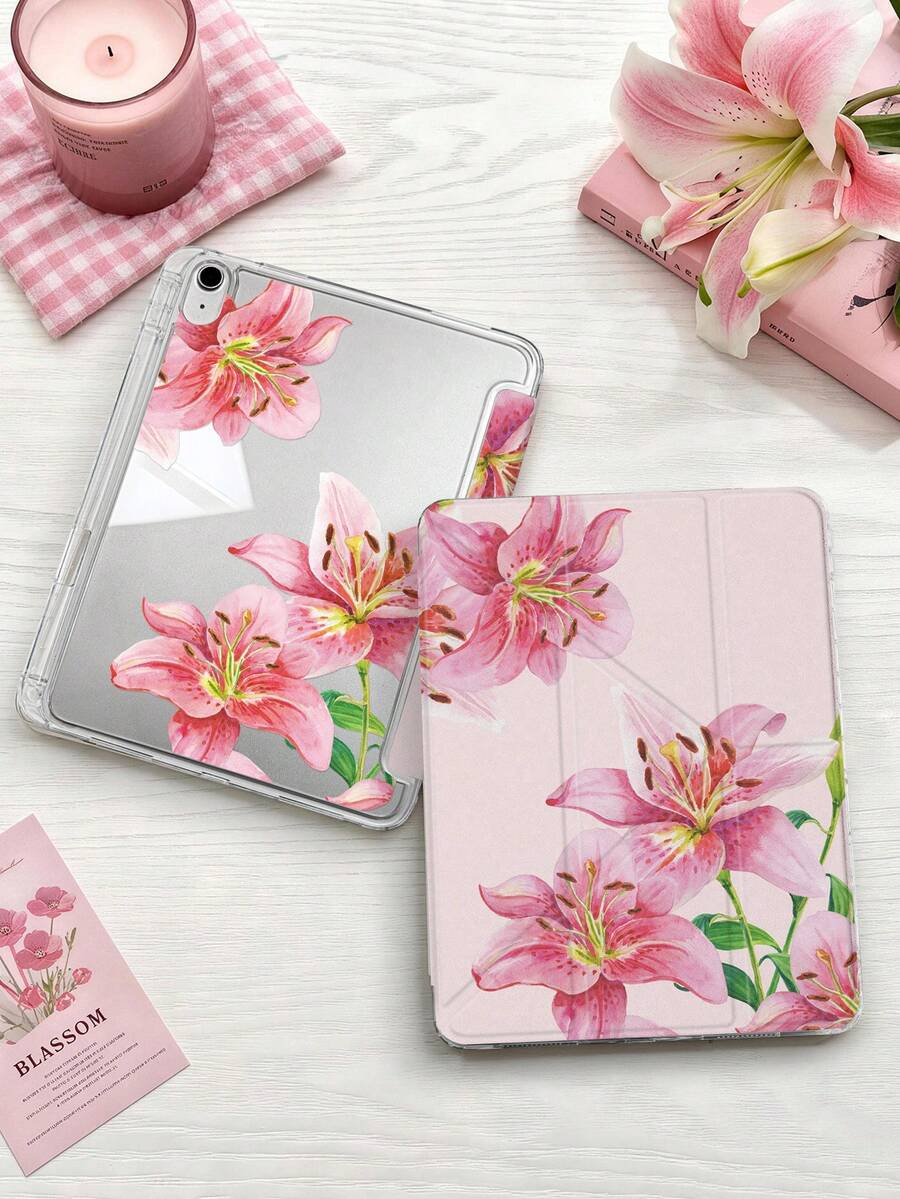 1件水彩粉色百合平板保護殼,適用於 iPad Mini6/Mini7/10.2/10.5/10.9(Air4-Air8)/Pro 11/10代/A16/Pro 11 2024 機型,雙面彩繪圖案、透明壓克力背殼、絲綢質感、8段式支架、自動休眠喚醒、內置筆槽(不含筆),部分機型附相機框 - 彩色 - 查看 1