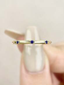 ESBERRY 1pc Exquisite Cubic Zirconia Ring, Gold Plated, Fine Jewelry, Daily Wear, Gift - Blue - View 2