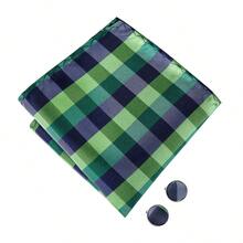 5Pcs Men Green Plaid Bow Tie Pocket Square Cufflinks Ring Boutonniere Set, Cufflinks Pattern Random For Wedding Business Party - Green - View 3