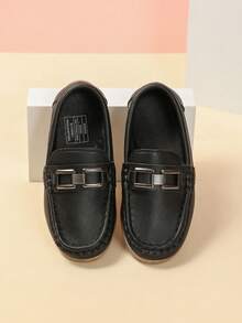 New Kids' Slip-On Loafers, Metal Buckle Round Toe, Versatile Lightweight Casual Shoes, Runs Small By One Size, British Style - Black - View 4