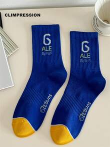 CLIMPRESSION Men's Pure Cotton Mid-Calf Socks, Letter Pattern Print, Breathable Street Style Sports Casual Socks, Contrast Yellow Toe Design - Blue - View 3