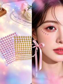 1pc Assorted Size Round Rhinestone Face Stickers, Pink Gold Dual-Color Acrylic Glitter Gems With Self-Adhesive Backing, Facial & Eye Decoration Stickers With Exclusive Tweezers - Multicolor - View 1