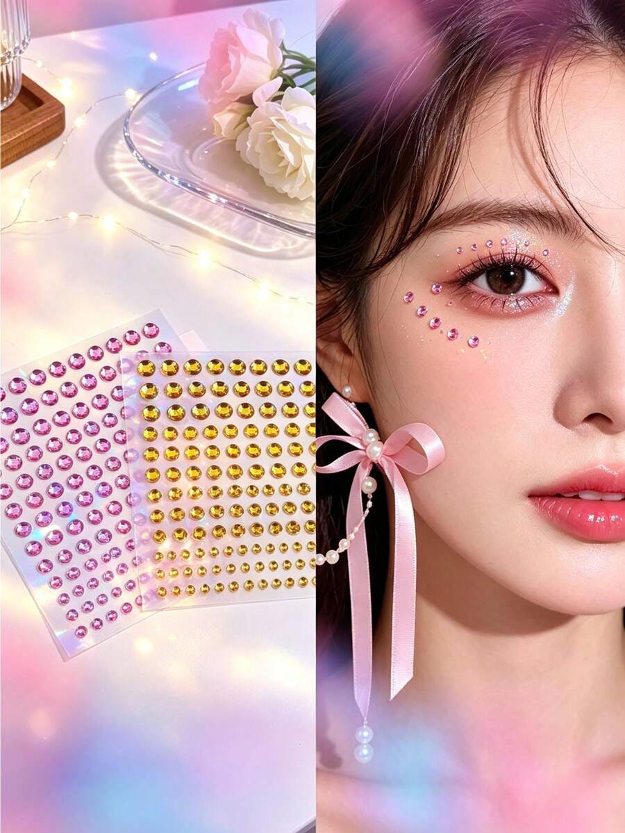 1pc Assorted Size Round Rhinestone Face Stickers, Pink Gold Dual-Color Acrylic Glitter Gems With Self-Adhesive Backing, Facial & Eye Decoration Stickers With Exclusive Tweezers - Multicolor - View 1
