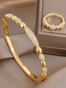 2Pcs Beaded Pave Zirconia Gold-Plated Bangle Ring Set For Women, Minimalist Round Bead Bracelet & Open Ring, Daily Wear Casual Outfit Jewelry Gift - Multicolor - View 5