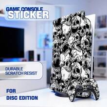 Disc Edition Sticker Set, Black & White Skull Pattern Waterproof Scratch-Resistant Self-Adhesive Vinyl Game Console Skin, Removable No Residue, Includes Full Console + 2 Controller Decorative Films - View 2