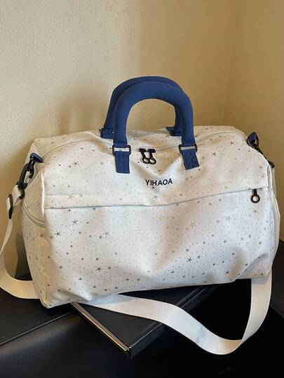 Bolsa de viaje de gran capacidad con estampado de estrellas, asa de esponja reforzada con correa ajustable y desmontable para hombro y bandolera, compartimento lateral independiente para zapatos con múltiples separaciones seco/húmedo, adecuada para viajes cortos de mujeres, almacenamiento de fitness, dormitorio estudiantil, viajes de negocios cortos, escapadas de fin de semana, bolsa de equipaje portátil