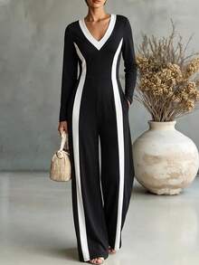 Women's Colorblock V-Neck Long Sleeve Casual Jumpsuit - Black and White - View 4