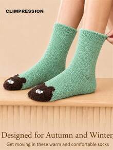 CLIMPRESSION Women's Plush Mid-Calf Socks, Cute Bear Toe Pattern Coral Fleece Socks, Soft Warm Fluffy Winter Home Sleep Floor Socks - Green - View 4