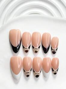 秋季 10片裝簡約高級感手工穿戴甲 Polygel 凝膠美甲套組，黑色色塊、黑白配色，韓系簡約風，方型、短方型、杏仁型，適合派對、舞蹈、日常配戴（手工細節可能有所不同） - 彩色 - 查看 12