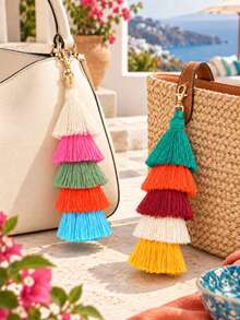 1pc Colorful Bohemian Style Pom Pom Tassel Keychain, Wristlet Key Ring & Bag Charm Decor, Suitable For Women Handbags, Wallets, Backpacks And Car Keys - Multicolor - View 1