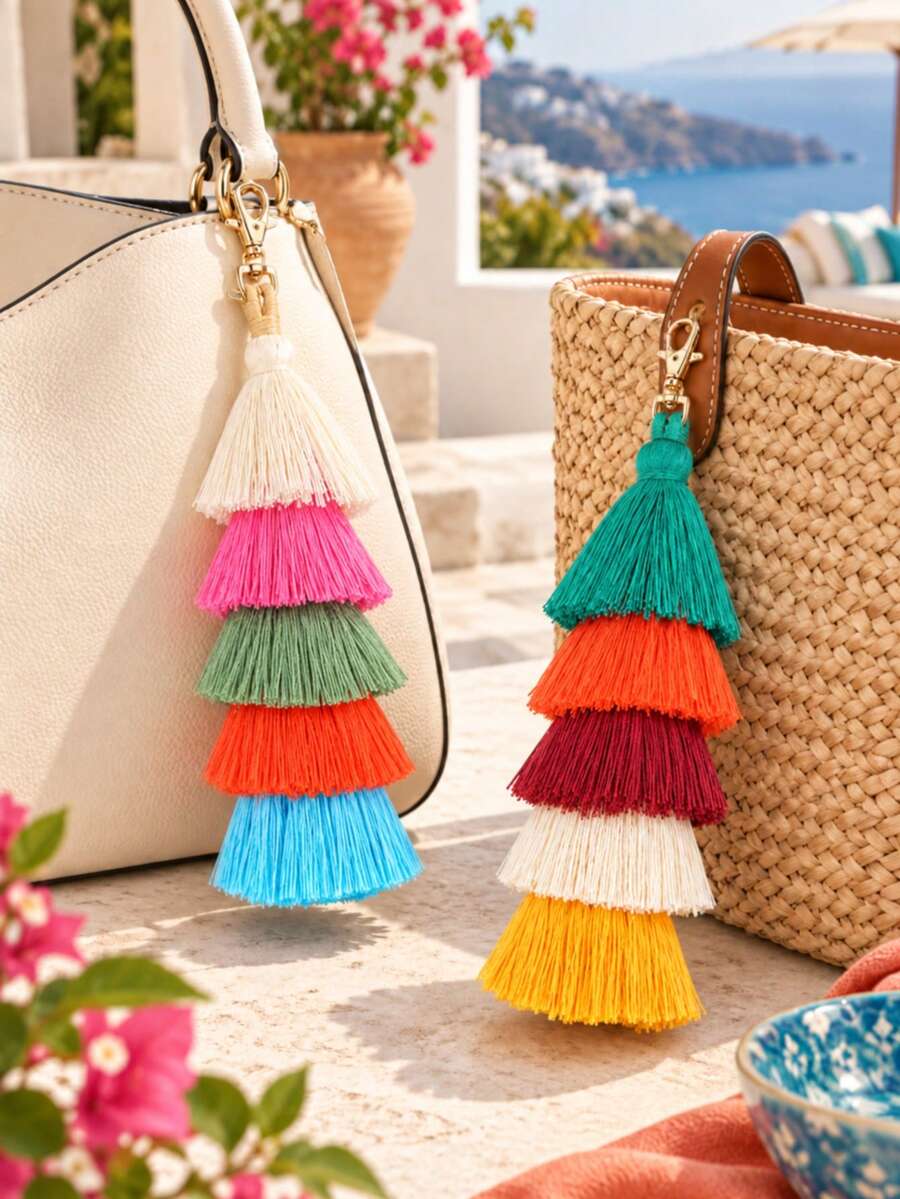 1pc Colorful Bohemian Style Pom Pom Tassel Keychain, Wristlet Key Ring & Bag Charm Decor, Suitable For Women Handbags, Wallets, Backpacks And Car Keys - Multicolor - View 1