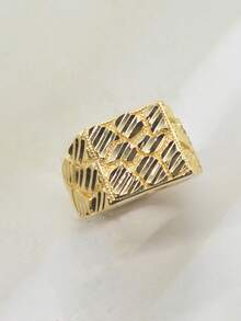 One Hip-Hop Heavy-Duty Style Alloy Gold-Plated Square Textured Wide Ring For Men, Suitable For Streetwear, Qixi Festival Gift, Party Accessories, Christmas, Thanksgiving. - Gold - View 5