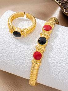 Letingsha 2pcs Luxury Vintage Textured Colorful Enamel Gold-Plated Bracelet And Ring, Suitable For Women's Daily Wear, Wedding, Party And Holiday Gift - Multicolor - View 3