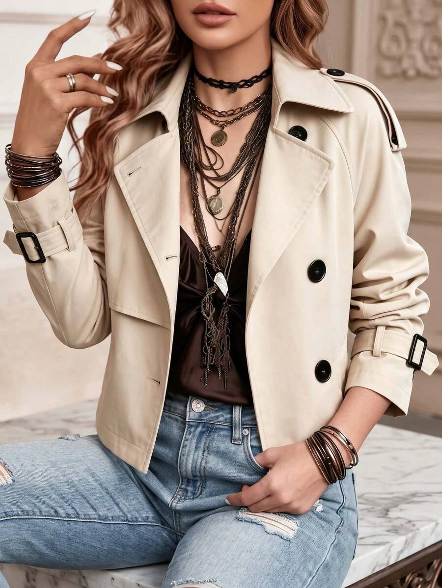 Women's Chic Cropped Trench Coat Classic Lapel Long Sleeve Button Front For Business, Office, Casual, Spring Summer Fall Winter - Apricot - View 1