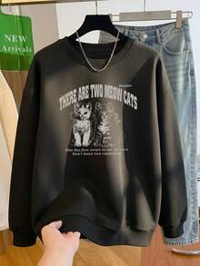 Vintage Distressed Double Cat Print Crew Neck Sweatshirt Women Autumn Loose Slouchy Drop Shoulder Long Sleeve Pullover Top American Casual - Black - View 5