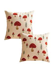 1/2/4Pcs 2D Flat Printed Mushroom Pillow Cover, Autumn Maple Leaf Throw Cushion Case, Non Real Embroidered Cottagecore Fall Decor, Vintage Faux Linen Lumbar Square - Multicolor - View 10