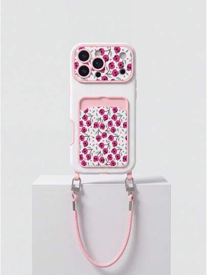 1pc Fashionable Creative Full-Screen Halloween Pink Skull Cherry Blossom Green Leaf Pattern, Fashionable Card Holder Lanyard TPU Material Shockproof Protective Phone Case, Can Be Used As Holiday Gift Compatible With Apple Phone 11/12/13/14/14plus/15/15plus/16/16plus/17/17pro And Other Models Protective Cover