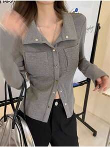 Early Spring Inner Layer Short V-Neck Slim Fit Design Niche Waist-Cinching Long Sleeve Top - Grey - View 2