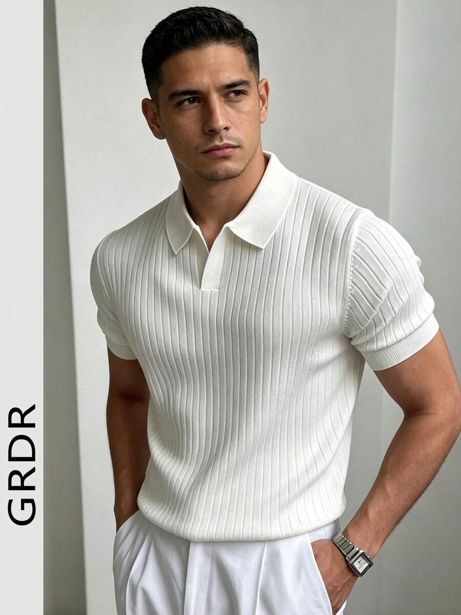 GRDR Men's Summer Knit Polo Shirt, Solid Color Short Sleeve Knitted Collar, Suitable For Summer Outings, Essential For Fashionable Outfit