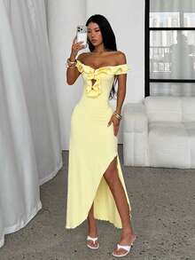 Autumn Solid Color Off-Shoulder Ruffle Hem Slit Dress Women Elegant Party Date Dress - Yellow - View 5