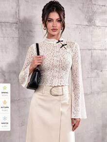 SUNSTORY Women's Autumn White New Chinese Style Frog Button Lace Short Fitted Long Sleeve Flared Top, Suitable For Dating, Party, Homecoming Dance, Daily Outfits - White - View 8