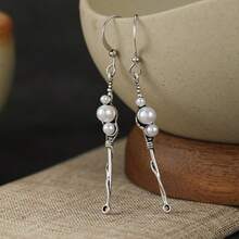 Vintage Bohemian Style Multi-Pearl Long Dangle Earrings For Women - Silver - View 3