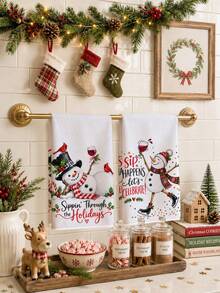 2pcs Funny Snowman & Text Pattern Christmas Kitchen Towels, 40*60cm Soft Microfiber Tea Towels, Suitable For Home Kitchen Restaurant Outdoor Camping Tabletop Cleaning Dish Cloth Hand Towel Accessories, Winter Christmas Holiday Theme Kitchen Towels Holiday Gift - Multicolor - View 5