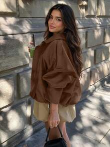Vintage Y2K Style Faux Suede Short Jacket, Loose Fit Lapel Zip-Up Jacket, Casual Streetwear - Brown - View 4